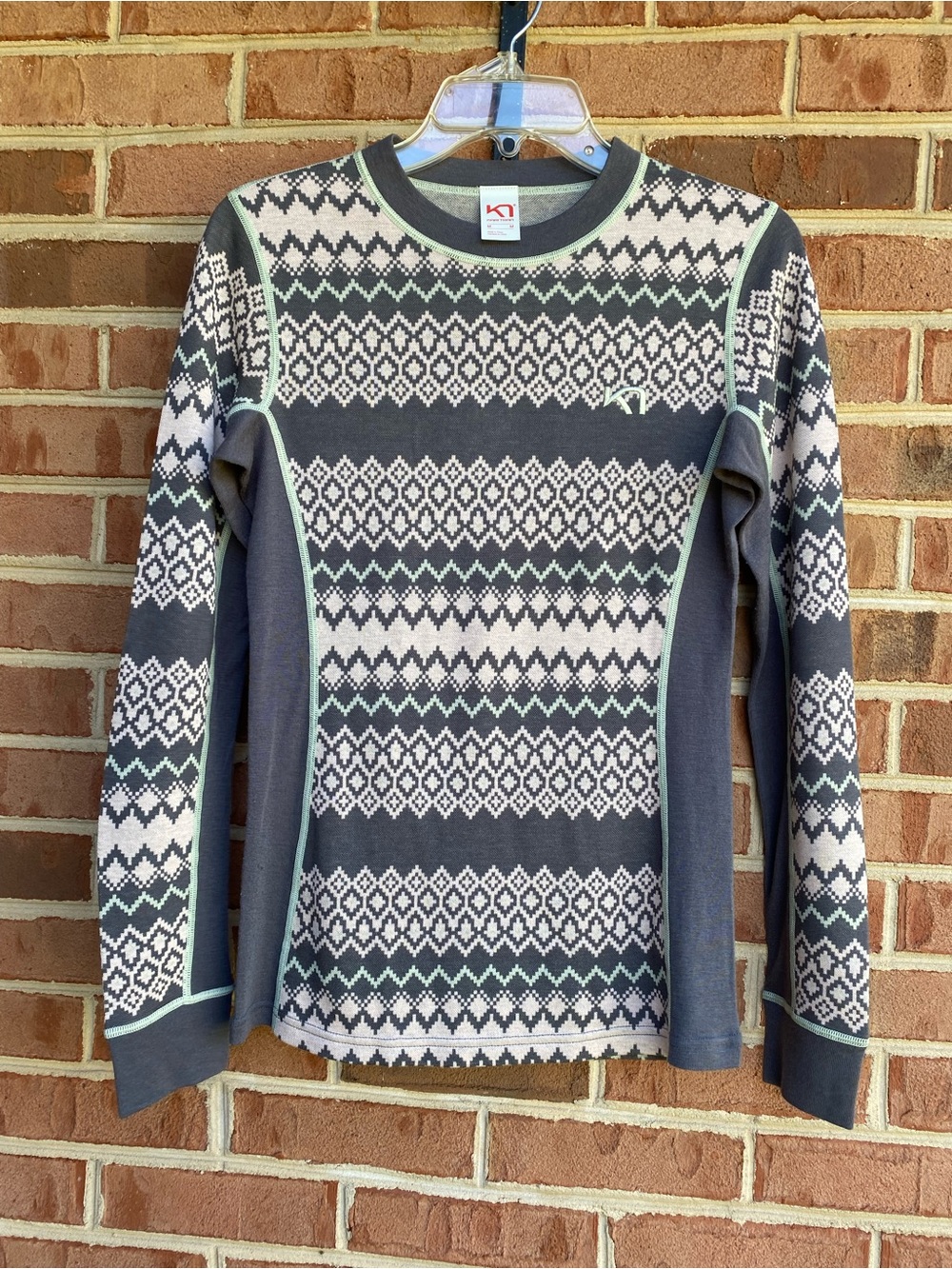 Kari Traa Agnes Dove Gray Nordic-Pattern Wool Top Sz M